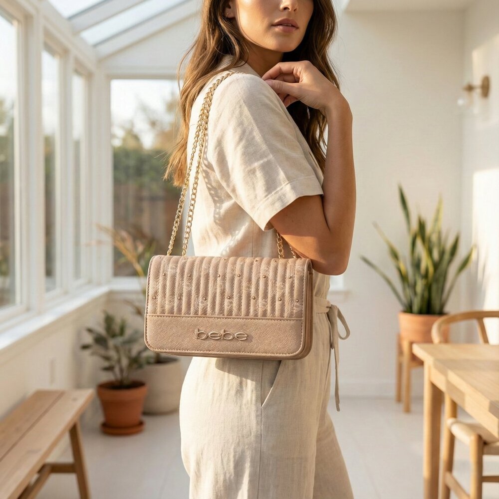 Bebe Monogram Studded Crossbody Bag Almond Gold Chain Strap New
